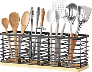 Großer Utensilienhalter für Küchenarbeitsplatte mit Holzfuß, schwarzes Metall Kochgeschirr - Bild 1 von 7