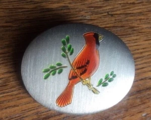 Pewter Pin Brooch Handcrafted Enamel Cardinal On Branch Oval - Picture 1 of 1