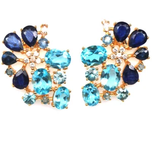 925 Plata de Ley 6x 8Mm. Topacio Azul Cielo, Zafiro & Circonita Pendientes - Imagen 1 de 4