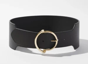 White House Black Market Wide Waist Belt Black Leather Gold Buckle NWT - Size S - Picture 1 of 4