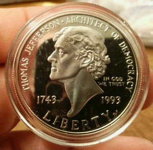 1993-P Jefferson 250th Anniversary Commem Silver Dollar - Picture 1 of 2