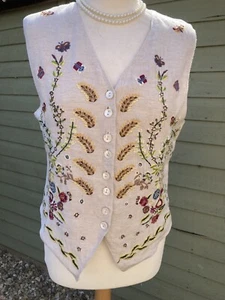 Gilet vintage ricamato Past Times UK S - misto lino - foderato - Foto 1 di 18