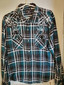 Pop Icon Buckle Men's XL Green Black Plaid Cotton Western Snap Front Embroidered - Picture 1 of 10
