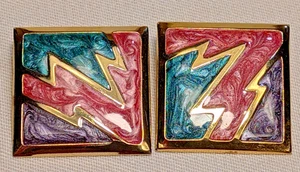 Vntg abstract earrings square enamel modern swirl art design pierced post 1980's - Picture 1 of 5