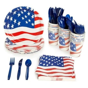 144 Piece Patriotic Party Supplies, American Flag Plates, Napkins, Cups, - Picture 1 of 8