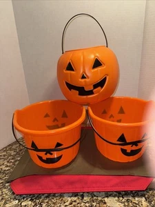 3 Vintage Blow Mold Bucket General Foam Plastic Halloween Pumpkin Candy USA - Picture 1 of 9