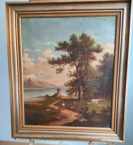 Ölgemälde 19. Jahrhundert Bäuerin am Bergsee Süddeutschland Menschen Landschaft - Picture 1 of 11