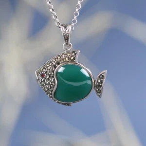 I05 Anhänger Fisch mit grünem Achat und Markasit Silber 925 - Bild 1 von 3