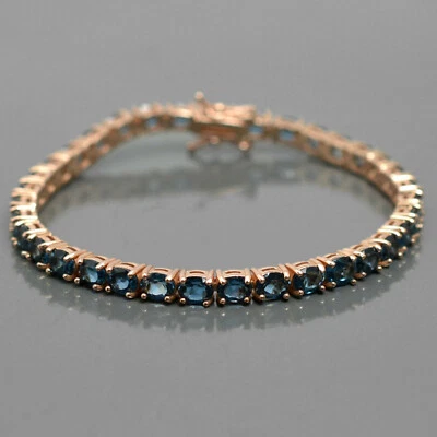 Brazalete Tenis Plata 925 Chapado en Oro Rosa 14K Gema Topacio Azul Londres Natural Foto 1 de 4