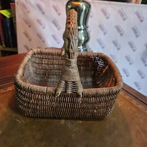 Vintage Rattan Woven Wicker Basket Handle 10"×8"×10" Handmade Gather Picinic - Picture 1 of 13