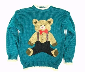 Vintage 70s Heidi Small Hand Knit Sweater Teddy Bear Korea Green Knit Retro Rare - Picture 1 of 6