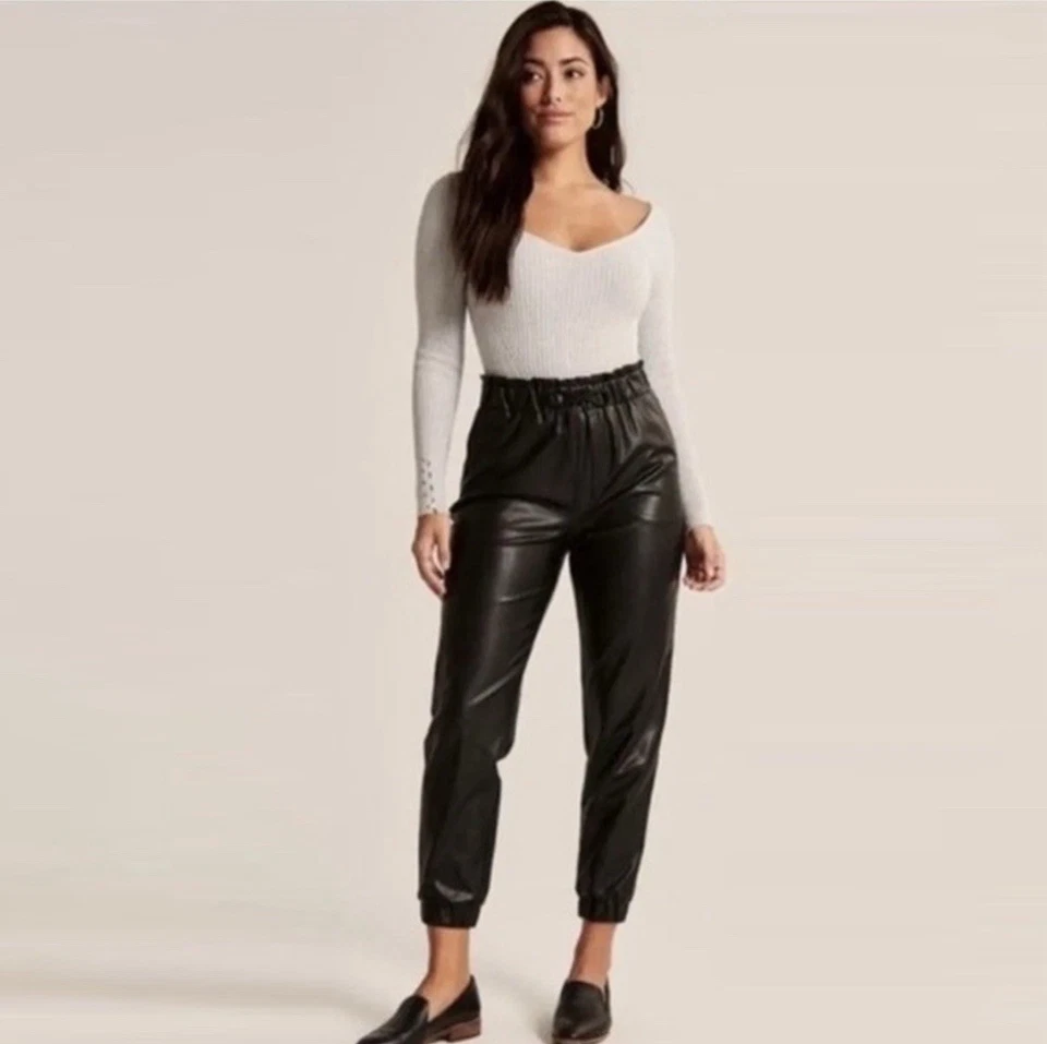 Abercrombie & Fitch Vegan Paper Bag Joggers Women’s Size M Black Drawstring  - Image 1 of 4