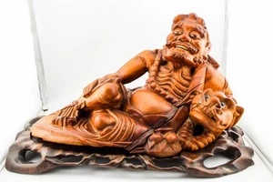 18TH CENTURY ANTIQUE ASIAN WOOD BUDDHA FOO DOG BAT CARVE FIGURE - Picture 1 of 11
