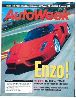 Autoweek Magazine Aug 12, 2002- Ferrari ENZO, VW Passat W8, Mitsubishi Outlander - Image 1 of 4