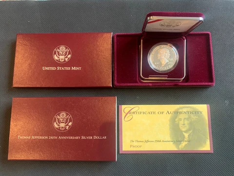 1993 S Thomas Jefferson 250th Proof Silver Dollar OGP & COA Cover