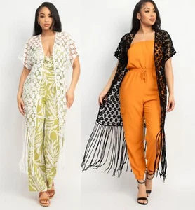 Women's Long Crocheted Kimono Cardigan Open Front Fringe Woven Bold Basic Boho - Picture 1 of 13