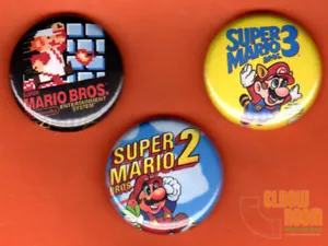 Set of three 1" Super Mario Bros 1 2 3 pins buttons Nintendo NES - Picture 1 of 2