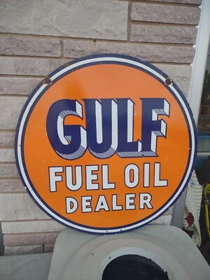 VINTAGE DSP GULF DEALER GAS & OIL PORCELAIN GAS STATION SIGN 30×30 INCHES RARE  - Image 1 of 4