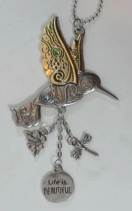 W5 Life is beautiful HUMMINGBIRD CAR CHARM MIRROR ORNAMENT Ganz silver gold - Picture 1 of 4