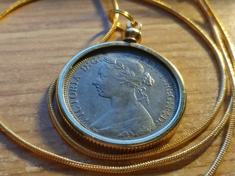 UK 1885 Queen Victoria 1/2 Penny Pendant on a 24" 18k Gold Filled Snake Chain Cover