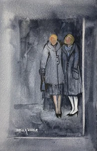 Pamela Wilhelm Original Watercolor 8.3”x5.8” Sisters In Grey Coats Figurative - Picture 1 of 2