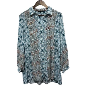 Blusa Jane Delancey Mujer M Azul Artística Colorida Patrón Mixto Botón Túnica - Imagen 1 de 11