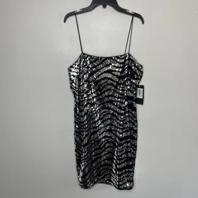 AIDAN MATTOX Mini Dress Women 8 Cocktail NEW Silver Black Sequin Strappy Evening - Image 1 of 4