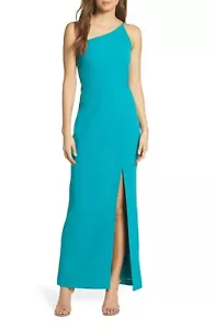 VINCE CAMUTO Jade Green Blue One Shoulder High Slit Stretch Crepe Column Gown 12 - Picture 1 of 6