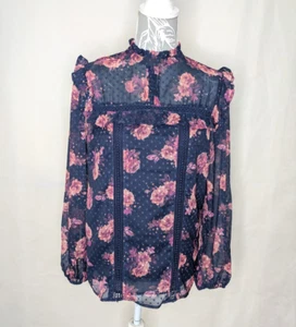 Love &Roses Women's Top Blouse Size 10 Blue Pink Floral High Neck Long sleeve - Picture 1 of 13