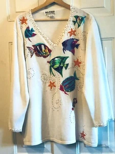NWT Jack B.Quick  Sz 2XL White Sweater Long Sleeve Multicolor Fish Embellished - Picture 1 of 11