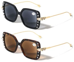 2 Pairs Women Oversized Square Reading Sunglasses Tinted Rhinestones Reader Gold - Picture 1 of 6