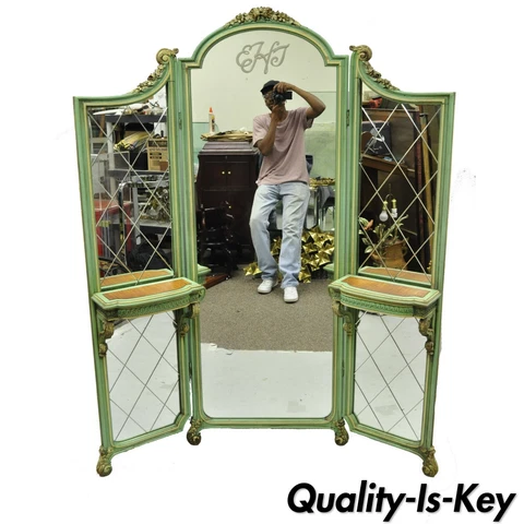 Antique French Louis XV Green Gold 3 Panel Folding Dressing Vanity Screen Mirror Cover