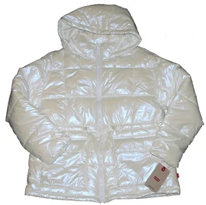 Levi's Women's Shiny Puffer Jacket Hooded Cream White Size M NWT - Picture 1 of 6