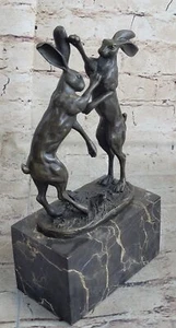 Boxing Hares Rabbits Bronze Metal Statue Sculpture Figurine Marble Base Decor - Picture 1 of 10