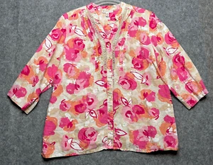 JM Collection Shirt Womens 20W Pink Linen Boho Floral Beachy Light Airy Travels - Picture 1 of 11