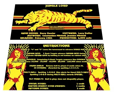 Williams Jungle Lord Pinball Custom Apron Instruction Cards - Image 1 of 2