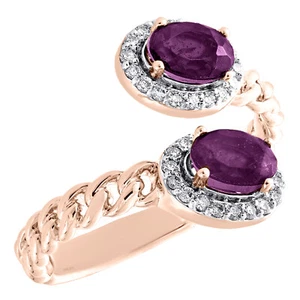 10K Rose Gold Ruby & Diamond Bypass Oval Halo Cuban Link Promise Ring 0.20 TCW - Picture 1 of 5