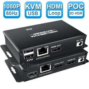 60M HDMI KVM Extender over Ethernet Cat5e/6 KVM USB POC Cable HDMI Loop Extender - Picture 1 of 8