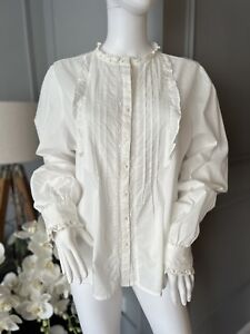 M&S Ivory Victorian Cotton Blouse Feminine Embroidered Lace Ruffle UK 18 NEW *