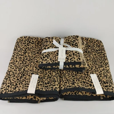 Set of 4 Rachel Zoe (2) Hand (2) Bath Towels Reversible Black Tan Cheetah Animal - Image 1 of 4