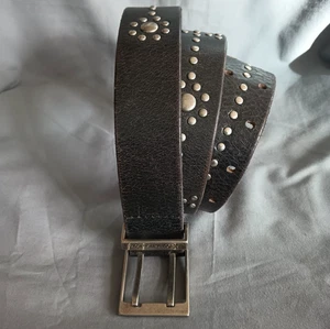 Womens Calvin Klein 1-3/8" Wide Dual Prong Studded Black Leather Belt Size L - Picture 1 of 14