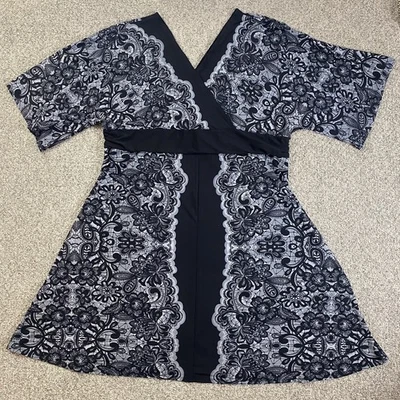 Lane Bryant Dress 26/28 Black Floral Fit & Flare Crossover V-Neck Pullover - Image 1 of 4