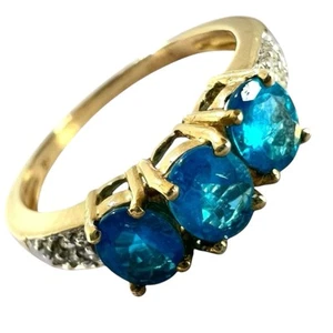 9ct Yellow Gold Bright Blue Apatite Diamond Ring Hallmarked 375 2.4g Size N 1/2 - Picture 1 of 23