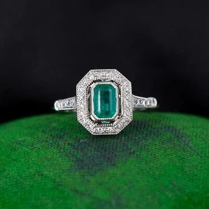 Art Deco Style Natural Emerald and Diamond Halo Platinum Ring - Picture 1 of 9