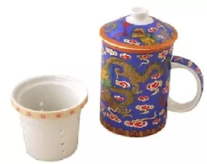 Tazza da tè con coperchio e diffusore drago giallo su sfondo blu - Foto 1 di 1