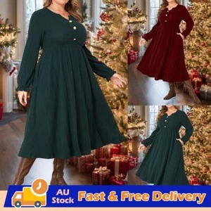 Plus Size Women Button V-Neck Midi Dress Ladies Pocket Casual Swing Jumper Dress - Picture 1 of 23