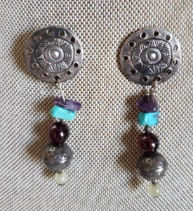 Silver Disc With Amethyst, Turquoise Garnet Beads Drop Earrings* - Picture 1 of 3