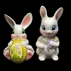 Vintage Lot Of 2 Easter Bunny Rabbit White Figurines Hand Painted Big Eyed - Picture 1 of 15