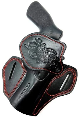 适用于 4 英寸 TAURUS TRACKER 627,右手黑色红色皮革西部皮带皮套 — 第 1/4 张图片