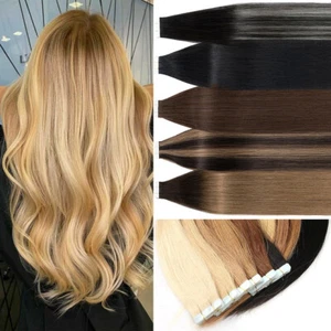 Thick 12"-24" Tape In Remy Human Hair Extensions Skin Weft Full Head 10-60PCS AU - Picture 1 of 105